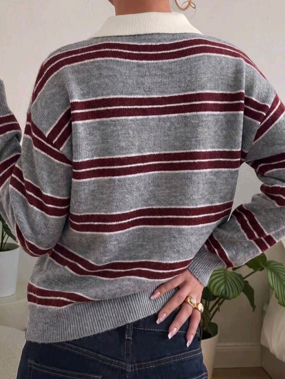 Women's Loose Oversized Striped Collared Casual Knit Pullover, American College - Picture 2 of 7